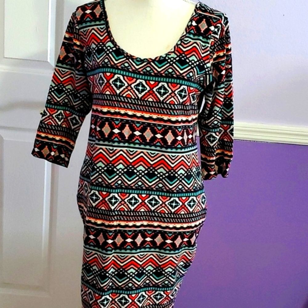 Love Chesley Black Boho Aztec Print 3/4 Sleeve Y2K Bodycon Dress 2X